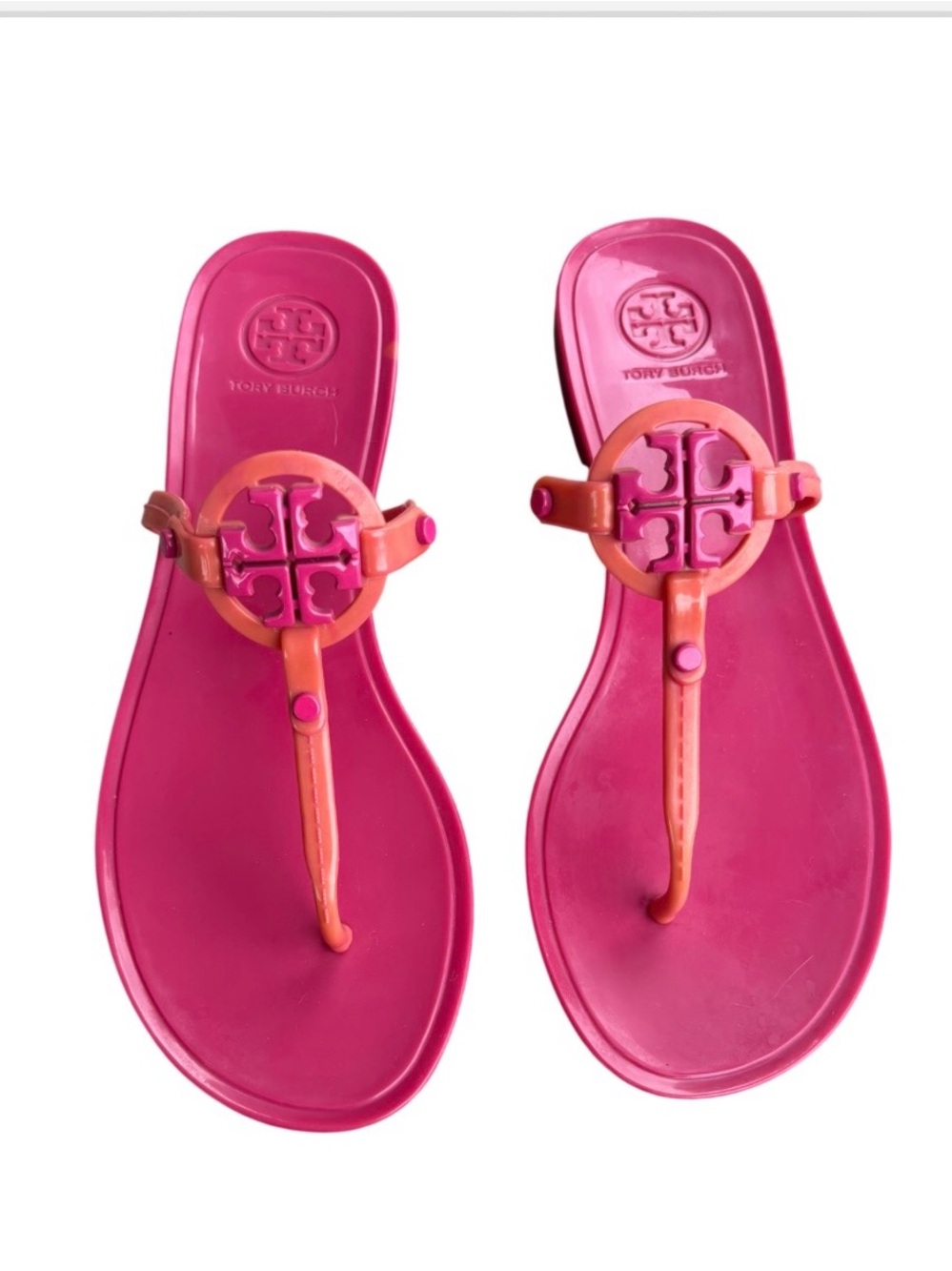 Tory Burch Mini Miller Hot Pink Jelly Thong Sandals with Coral Logo sz 7
